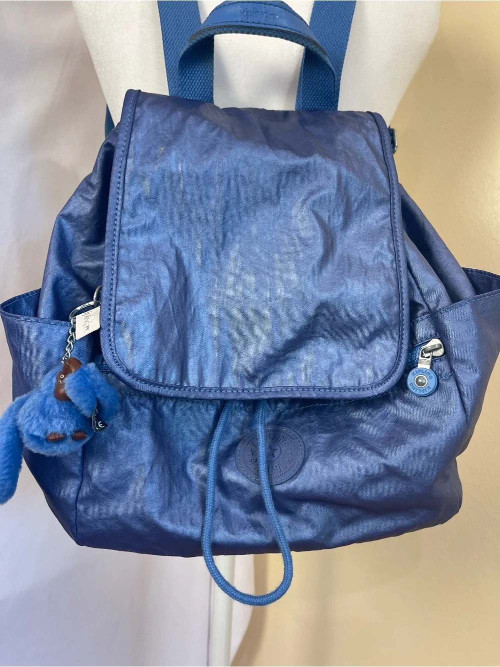 Kipling City Pack Metallic Blue Backpack Small Slouchy Y2K Monkey Charm Nylon